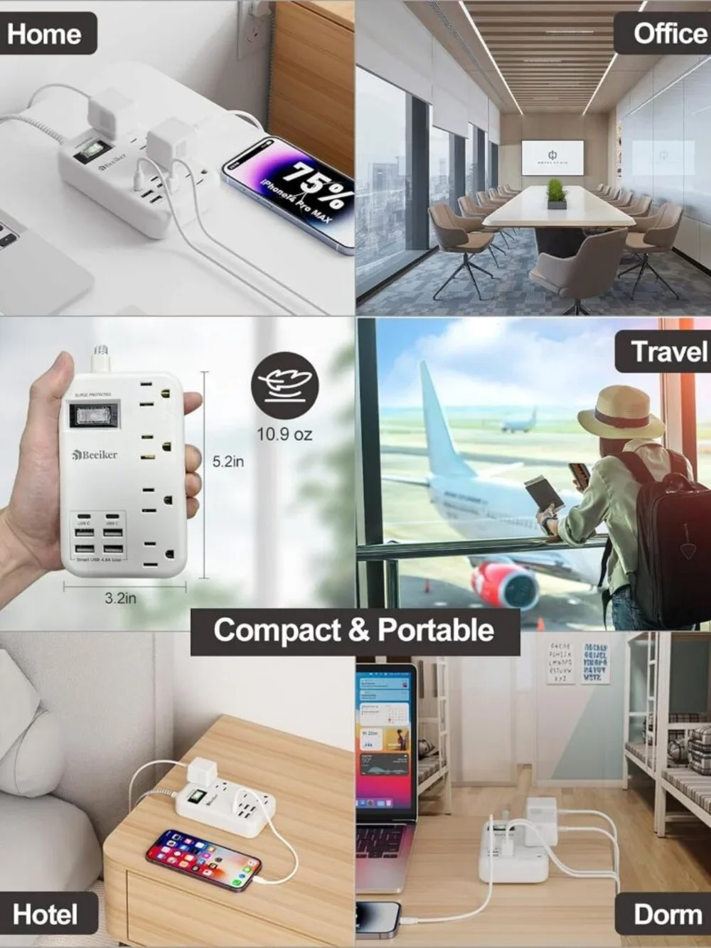 6-Outlet USB Travel Power Strip with 5ft Braided Cord & Surge Protection - Wall
